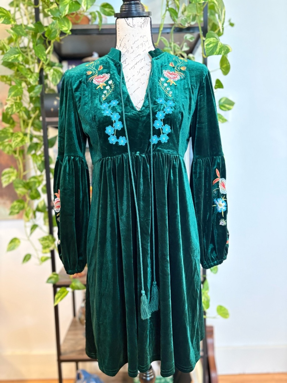 Emerald Velvet Embroidered Boho Dress Cottagecore Witchy